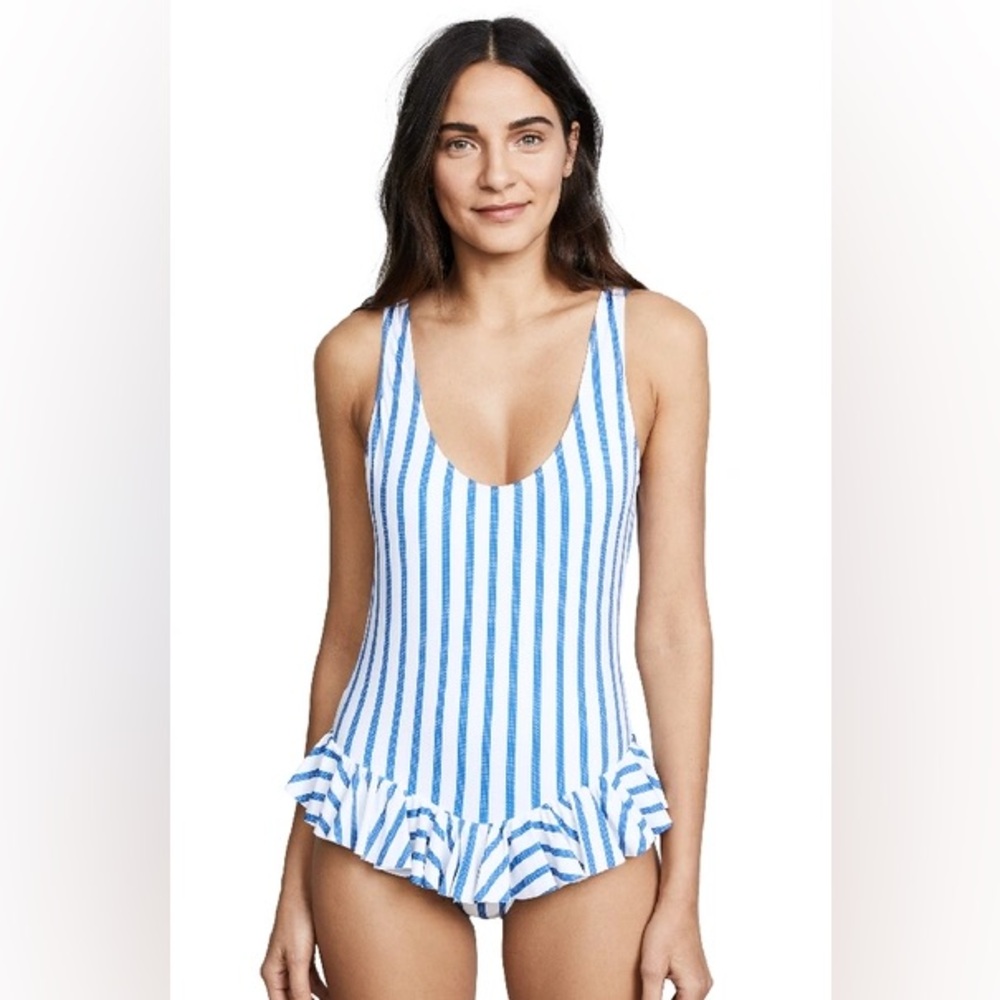 Caroline Constas Delfina Striped One Piece Swimsuit in Royal Blue Sz Large